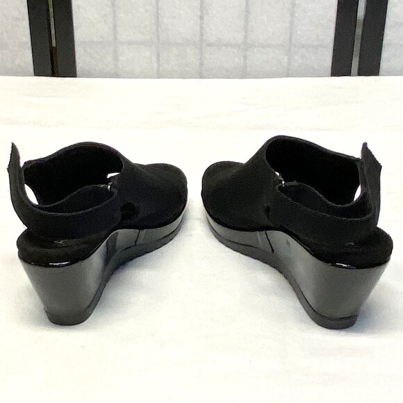 Anne Klein Faux Suede Patent Low Wedge Open Toe Sling Back Romeo Sandals Black - Picture 7 of 13